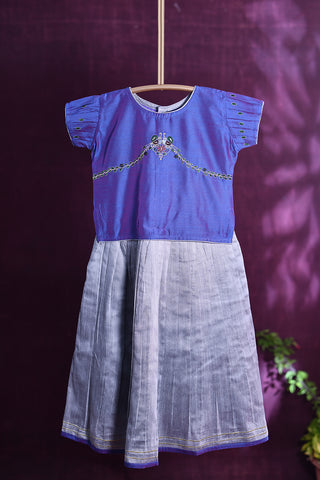 Round Neck Embroidered Violet And Grey Pavadai Sattai