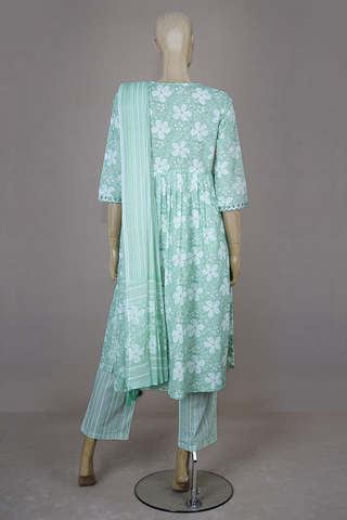 Round Neck Floral Design Cream Green Cotton Salwar Set