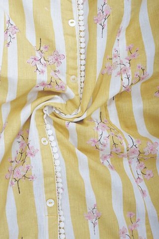 Round Neck Floral Printed Yellow And White Cotton Long Kurta