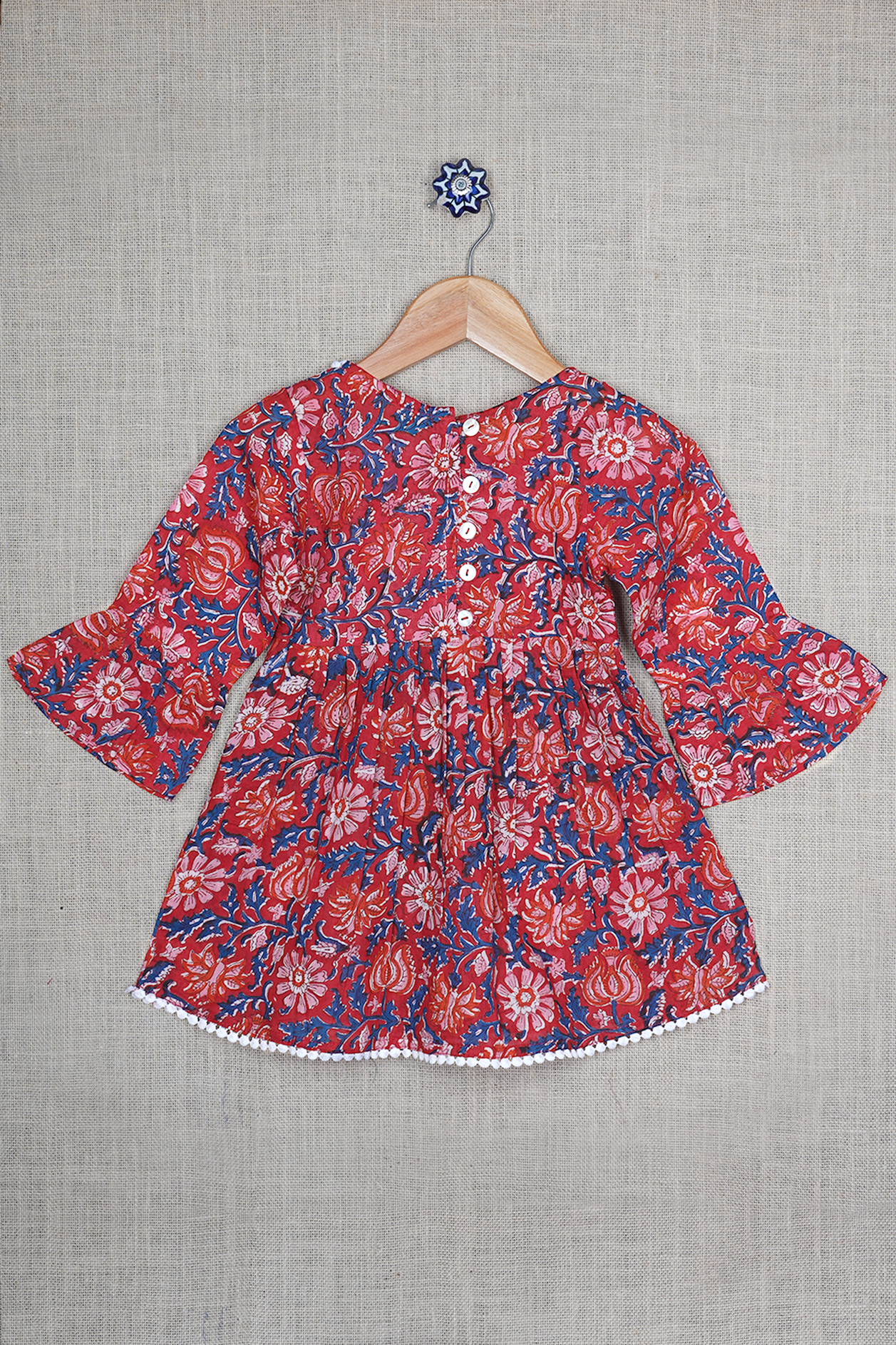 Round Neck Floral Printed Ruby Red Dobby Cotton Frock