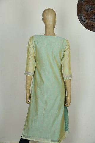 Round Neck With Potli Buttons And Embroidered Soft Green Chanderi Cotton Long Kurta