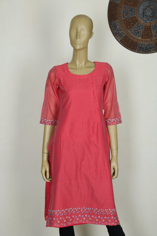 Round Neck With Potli Buttons And Embroidered Watermelon Pink Chanderi Cotton Long Kurta
