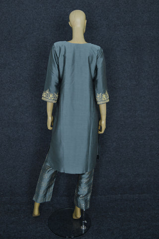 Round Neck With Embroidered And Chumky Work Elephant Grey Semi Dupion Silk Salwar Set