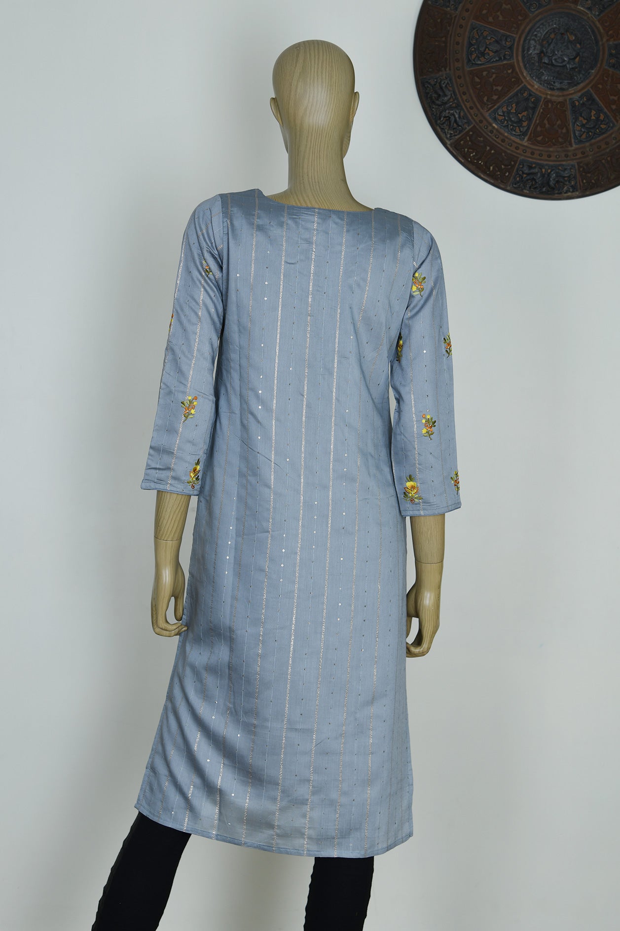 Round Neck With Embroidered Grey Chanderi Silk Cotton Long Kurta