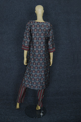 Round Neck With Floral Printed And Patch Work Navy Blue Rayon Cotton Salwar Set