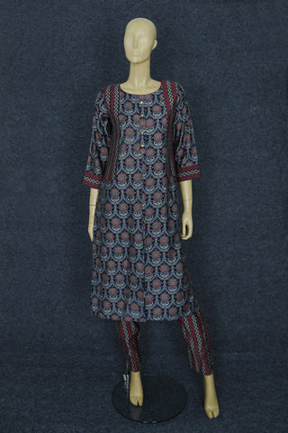 Round Neck With Floral Printed And Patch Work Navy Blue Rayon Cotton Salwar Set
