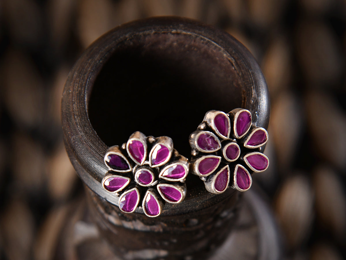Ruby Stone Oxidised Pure Silver Studs