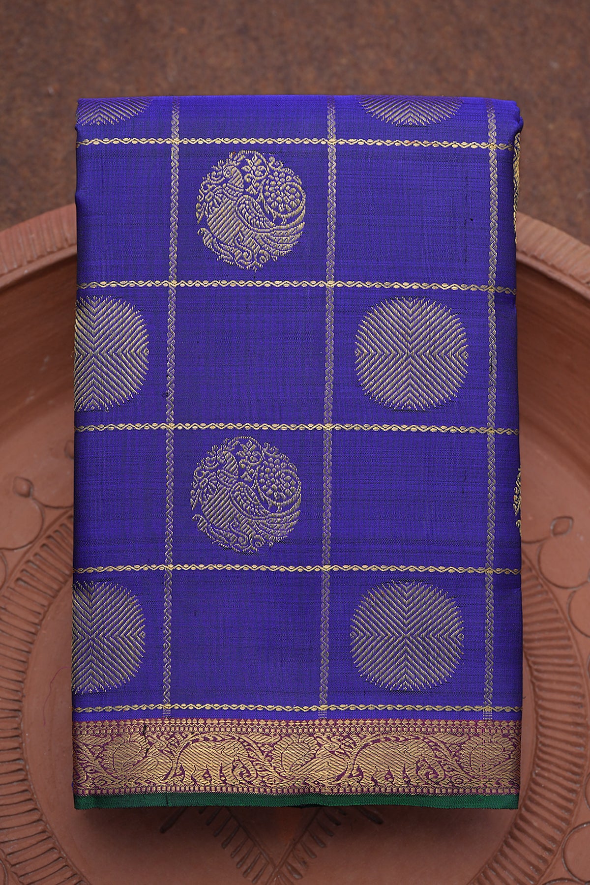 Rudraksh Peacock Checks Royal Blue Kanchipuram Silk Saree