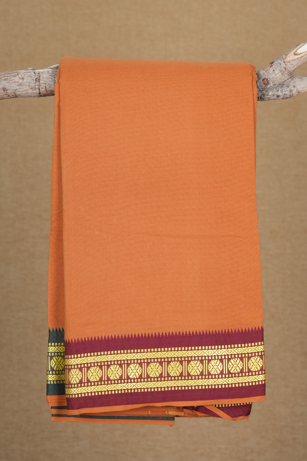 Rudraksh Threadwork Border Bronze Orange Cotton Dhoti With Angavastram Set
