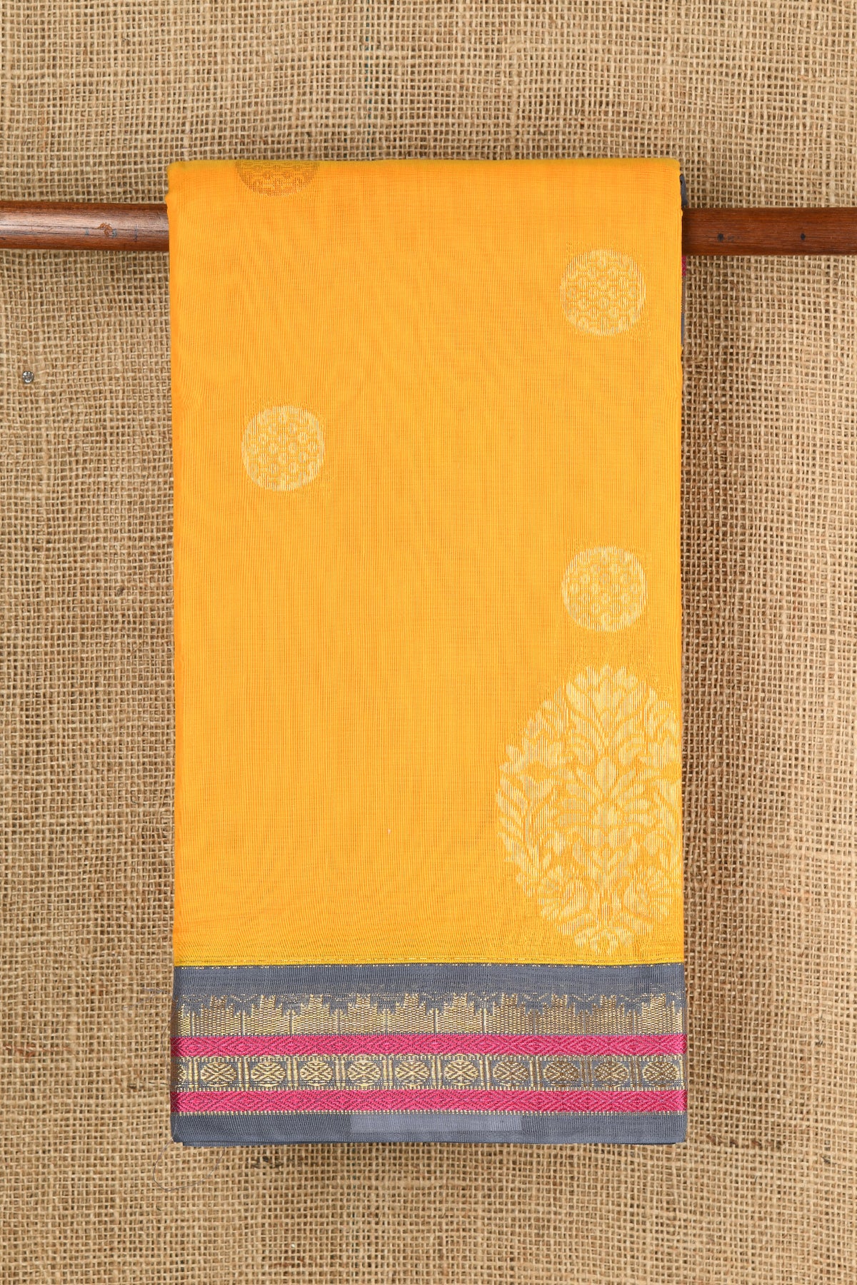 Rudraksh Zari Border With Buttas Mango Yellow Semi Kora Silk Cotton Saree