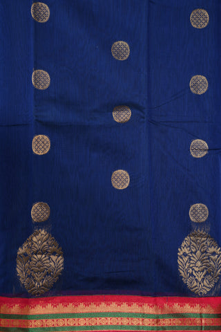 Rudraksh Zari Border With Buttas Navy Blue Semi Kora Silk Cotton Saree