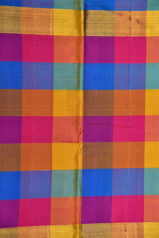 Small Zari Border With Multicolor Checks Cobalt Blue Kanchipuram Silk Saree