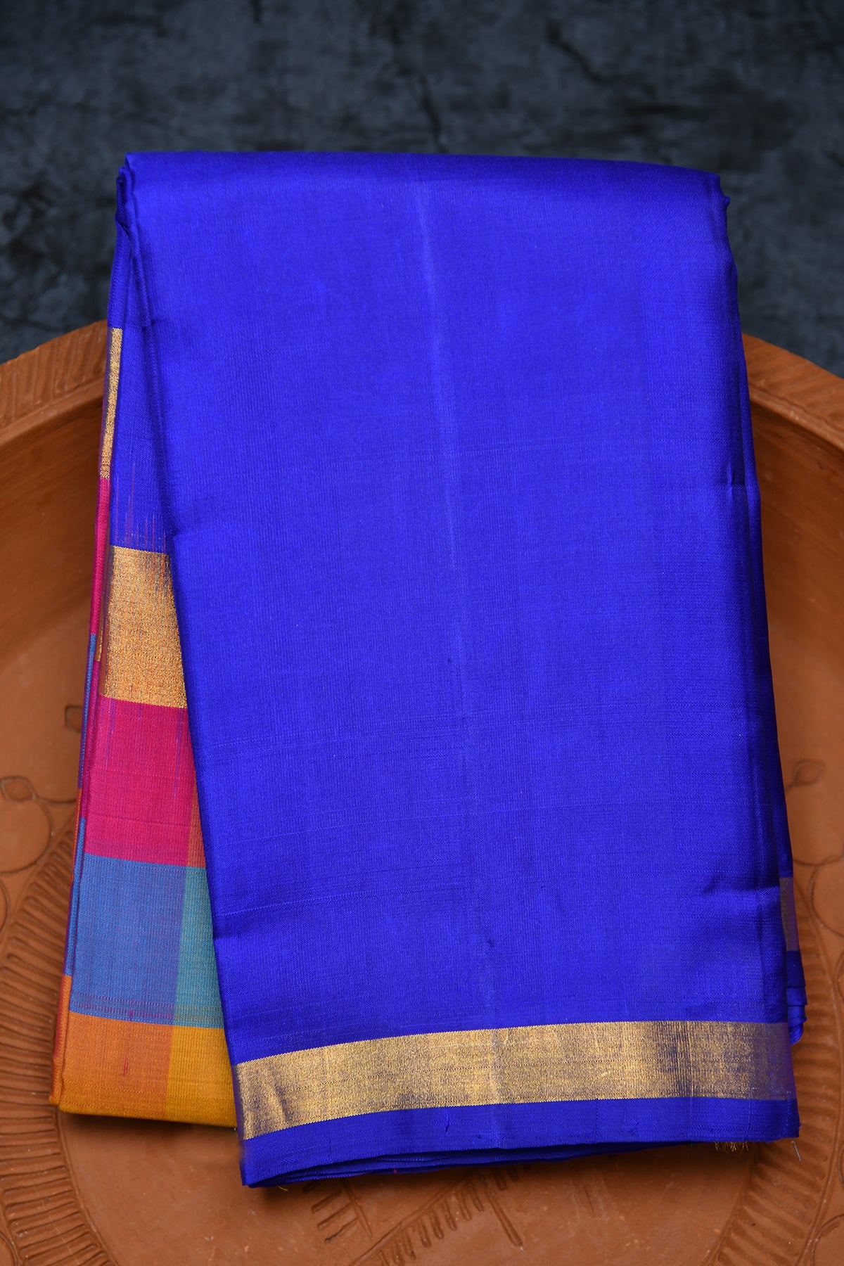Small Zari Border With Multicolor Checks Cobalt Blue Kanchipuram Silk Saree