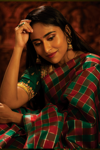 Zari Checked Multicolor Kanchipuram Silk Saree