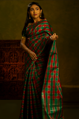 Zari Checked Multicolor Kanchipuram Silk Saree