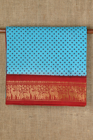 Bandhani Printed Deer Border Turquoise Blue Sungudi Cotton Saree