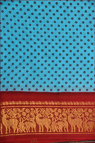 Bandhani Printed Deer Border Turquoise Blue Sungudi Cotton Saree