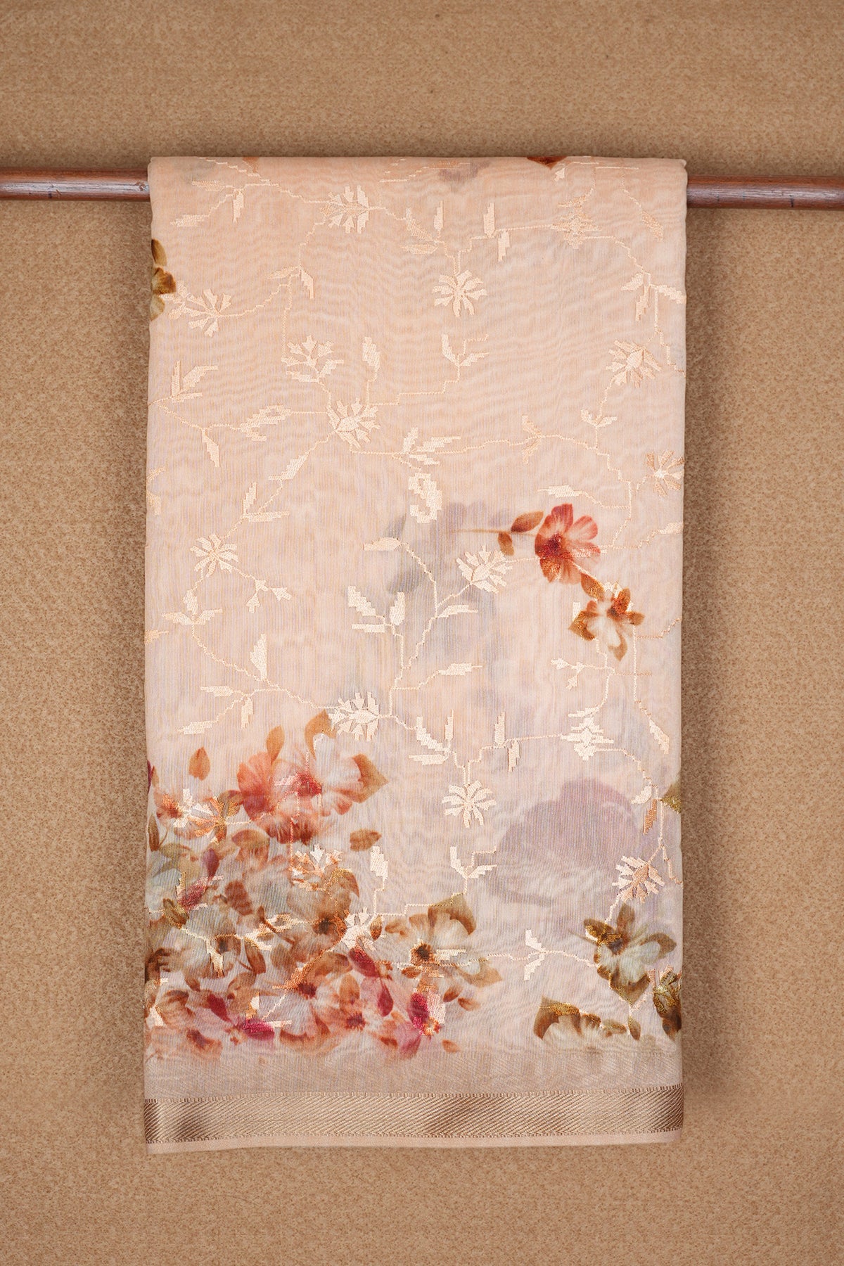 Floral Digital Printed Peach Chanderi Silk Cotton Saree