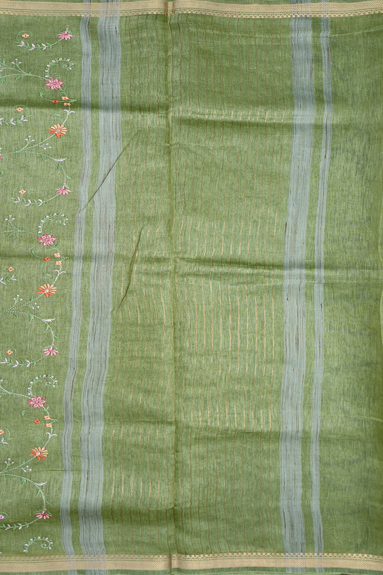 Floral Embroidered Design Pastel Green Linen Saree