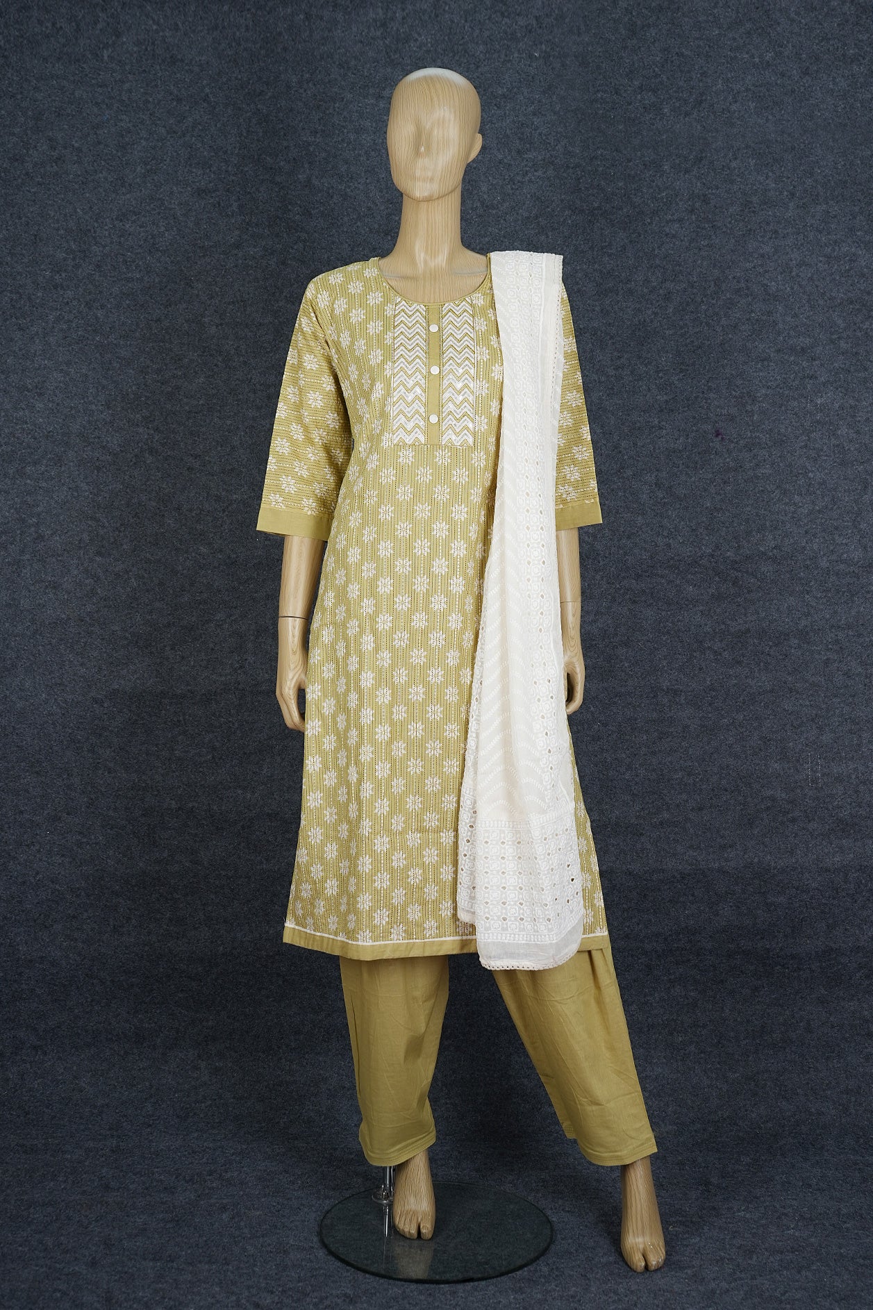 Printed Cotton Pear Green Suit Set With Lucknow Work Dupatta