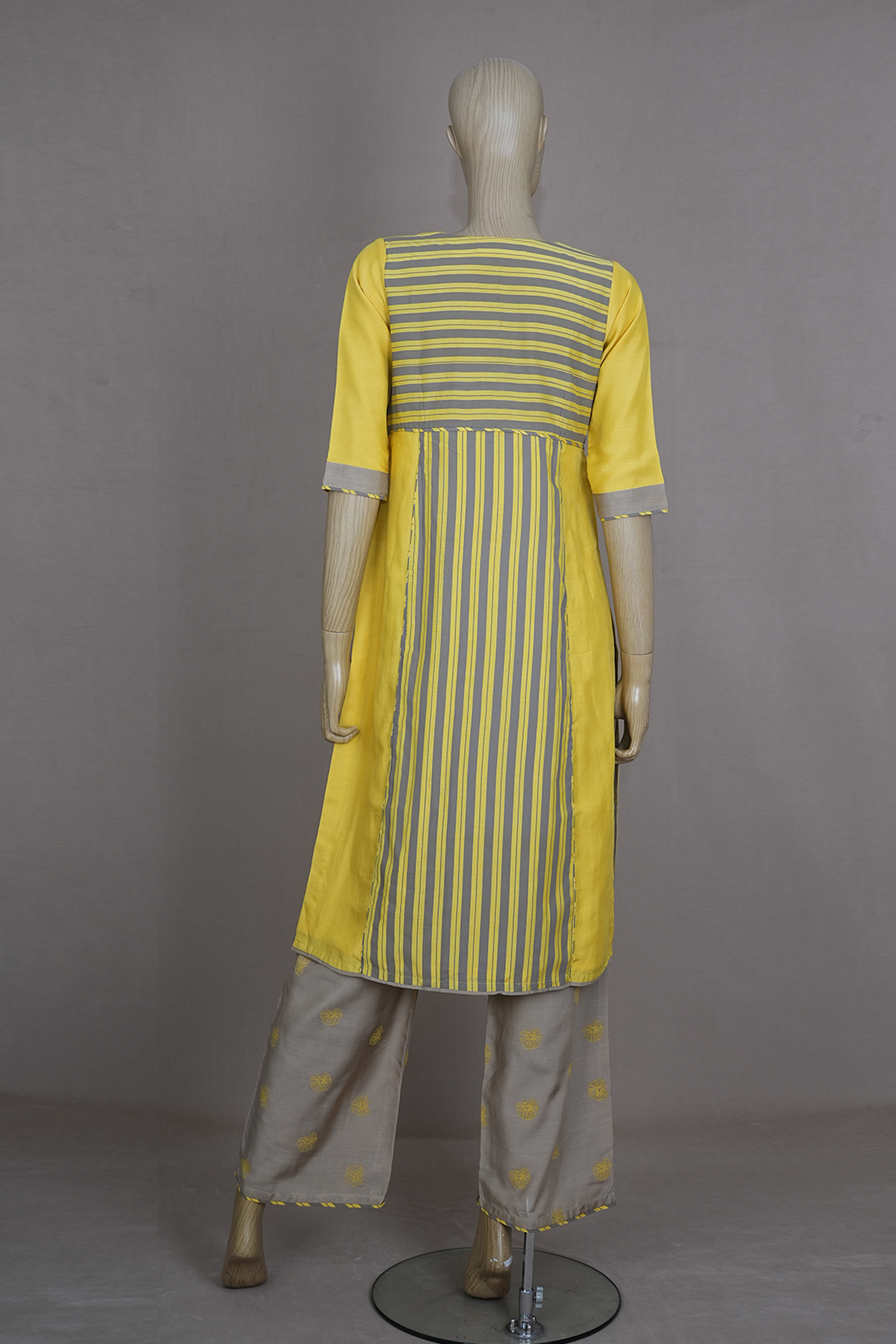 V-Neck Stripes Design Yellow Muslin Silk Salwar Set