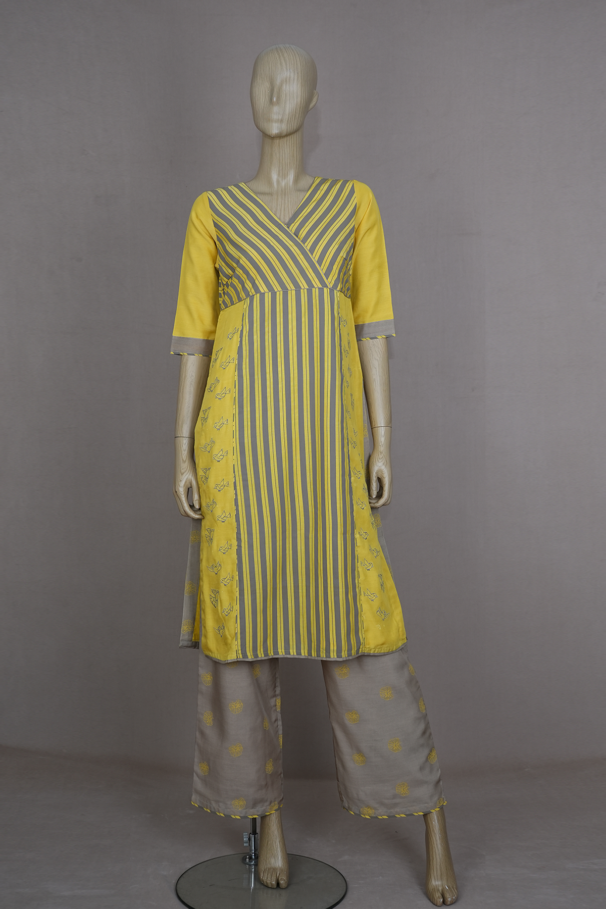 V-Neck Stripes Design Yellow Muslin Silk Salwar Set