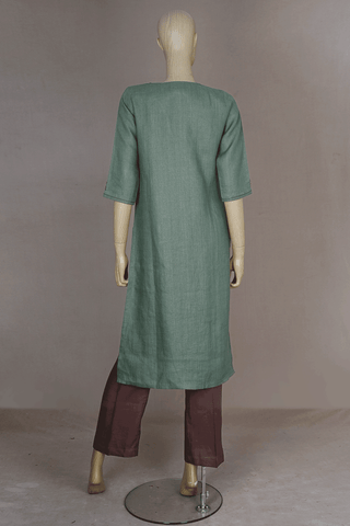 Scallop V-neck Mirror Work Sage Green Linen Cotton Salwar Set