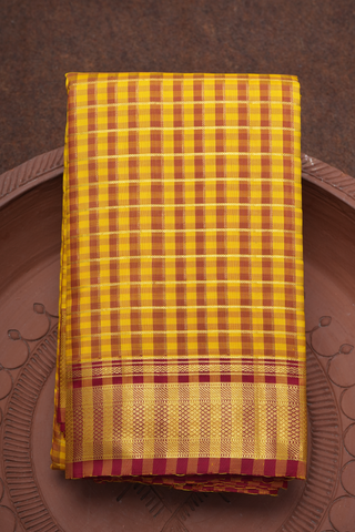 Zari Checked Red And Yellow Kanchipuram Silk Saree