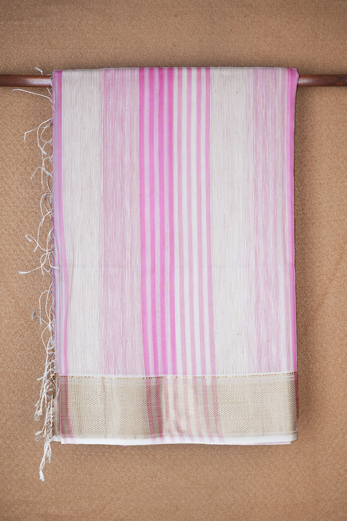 Self Stripes Pink And White Maheswari Silk Cotton Saree