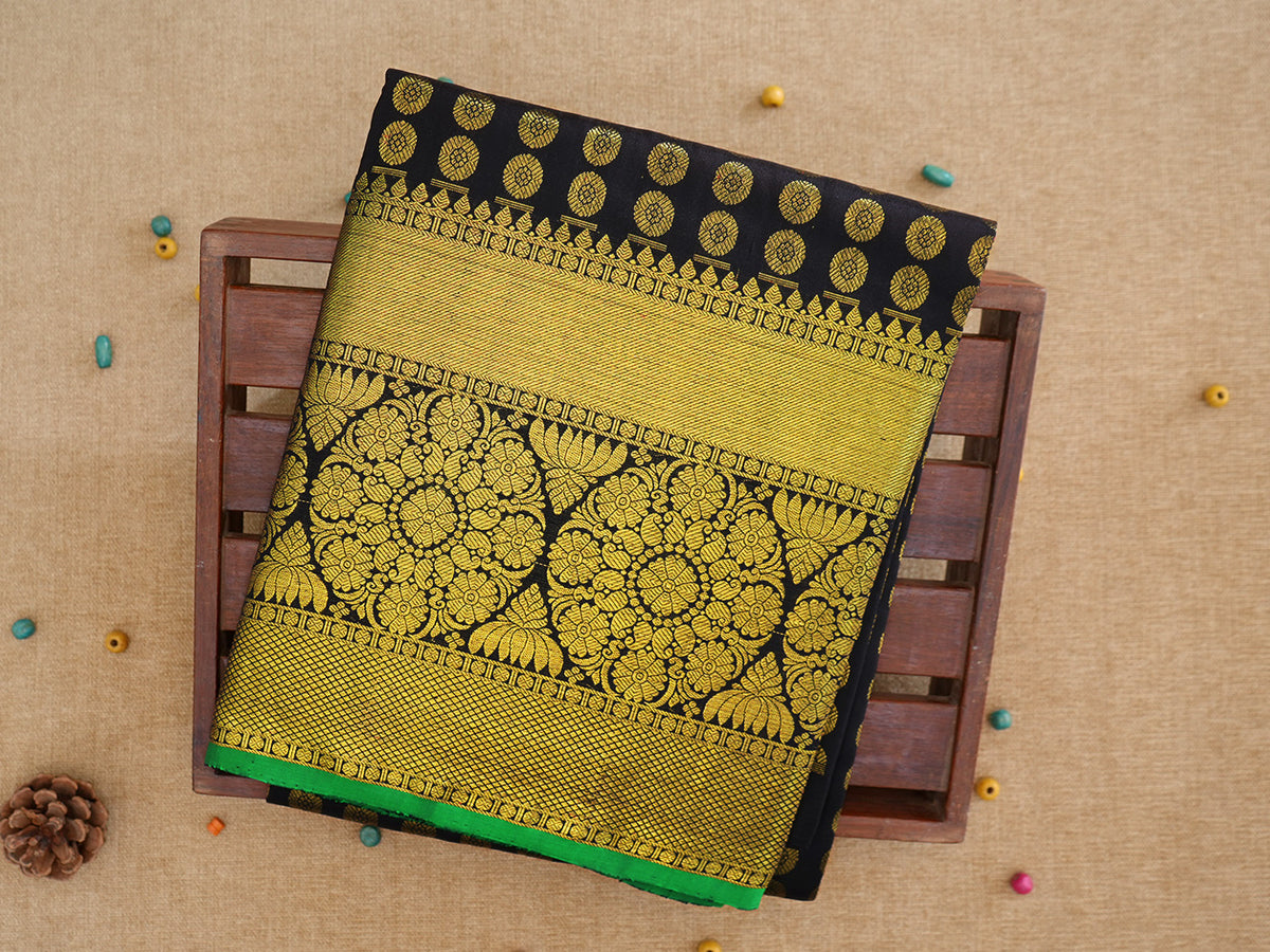 Self Traditional Zari Border With Floral Buttas Black Silk Pavadai Sattai Material