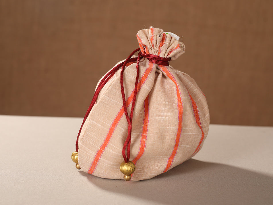 Set Of 3 Striped Cotton Potli Bags In Beige And Salmon Pink