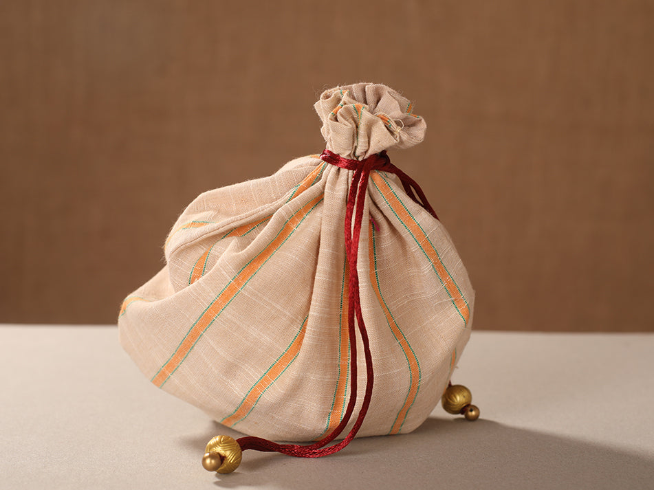 Set Of 3 Striped Cotton Potli Bags In Beige And Salmon Pink