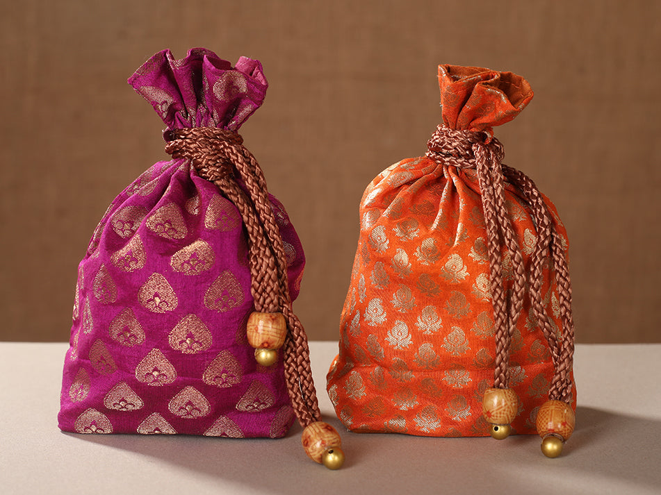 Set of 2 Brocade Potli Bags In Purple And Orange