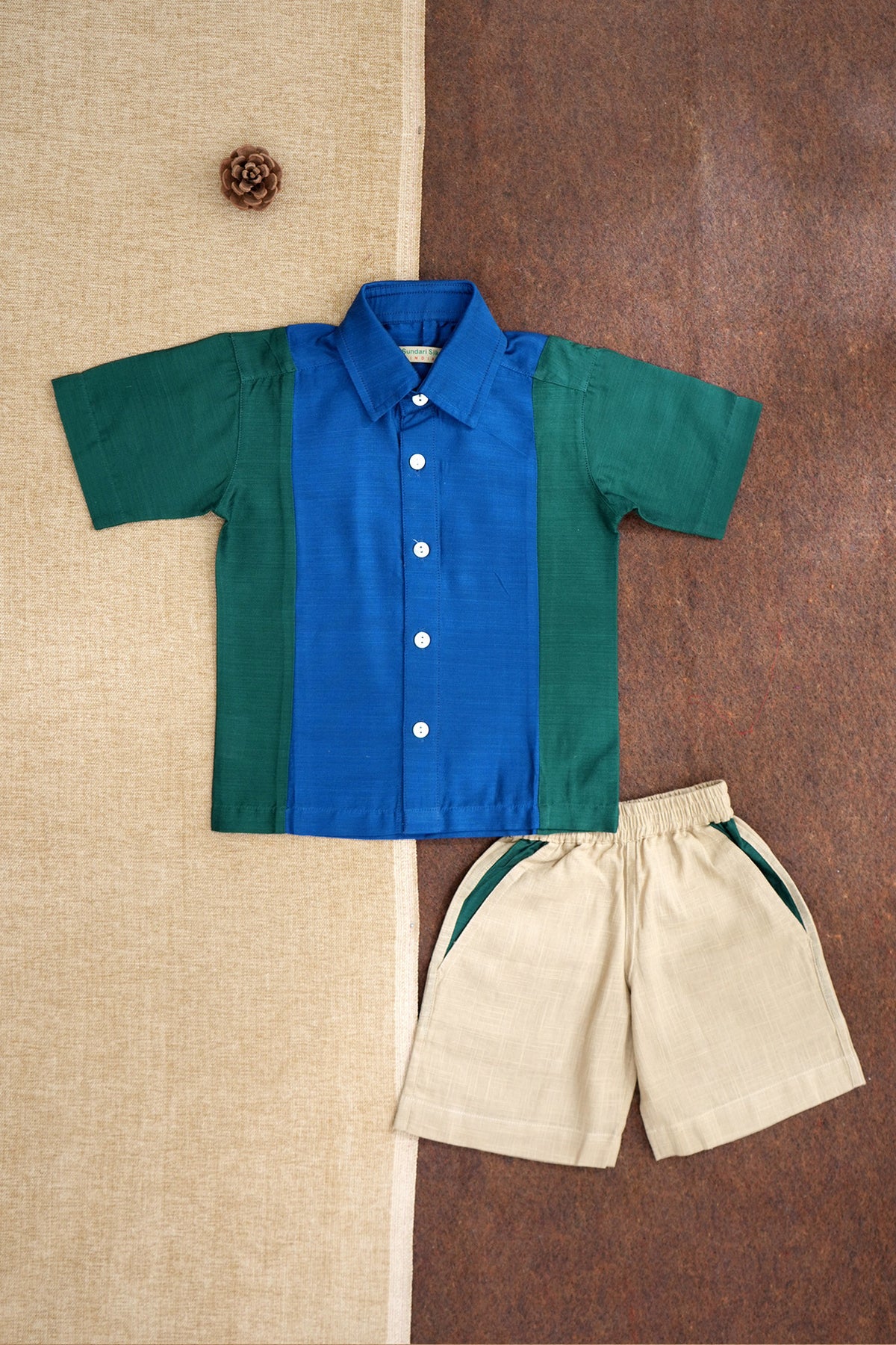 Boys Color Block Shirt With Contrast Side Panel And Shorts With Contrast Detail At The Pockets