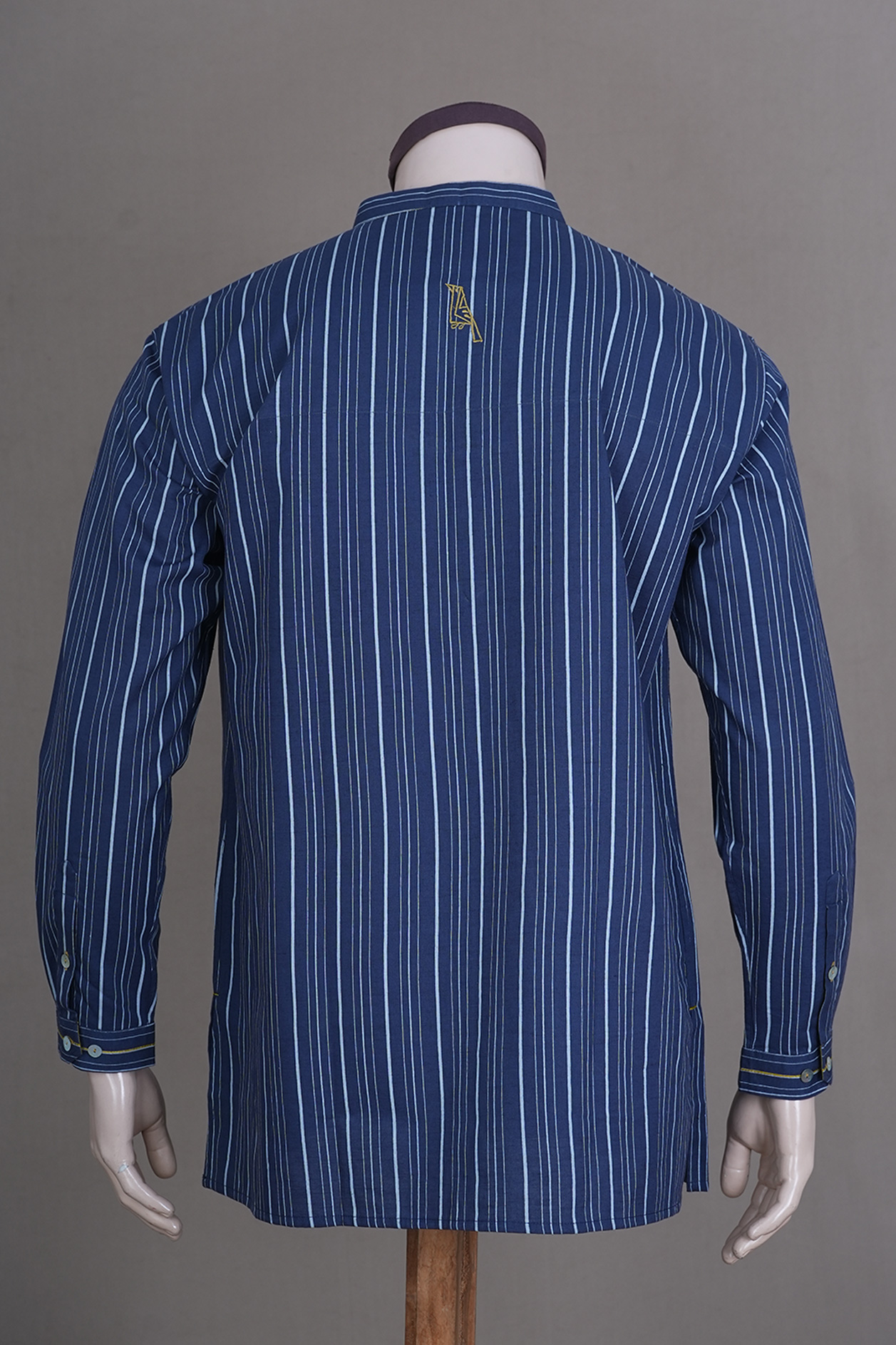 Stripes With Inside Yoke Navy Blue Linen Cotton Short Kurta