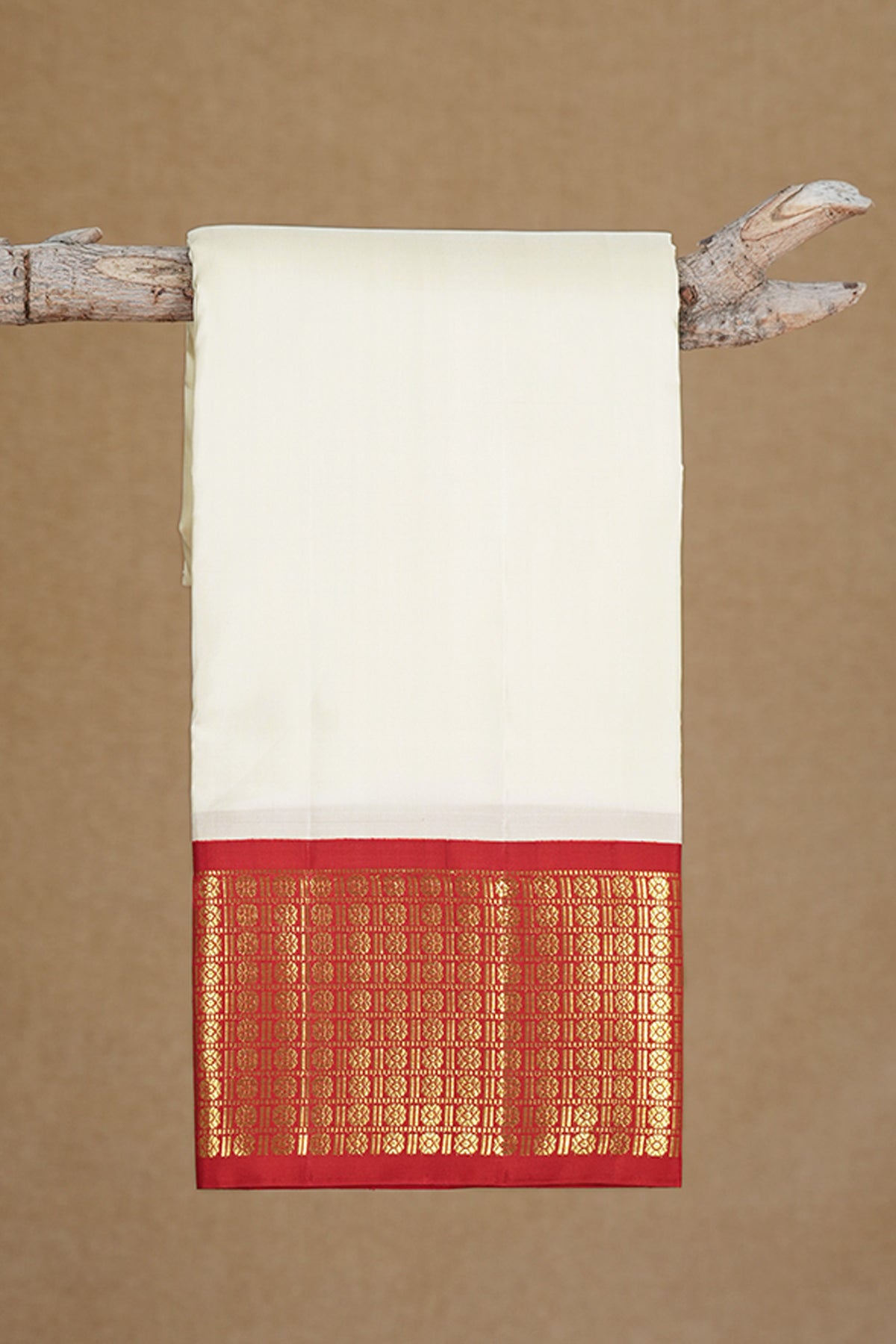 Contrast Korvai Zari Border Off White Silk Dhoti With Angavastram Set