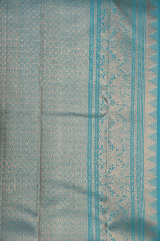 Silver And Copper Zari Diamond Border With Mayil Chakram Buttis Teal Blue Kanchipuram Silk Saree