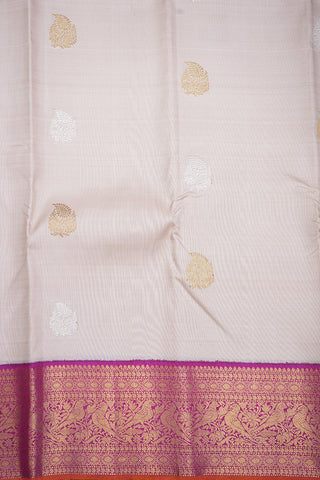 Silver And Gold Zari Leaf Motifs Cream Color Kanchipuram Silk Saree