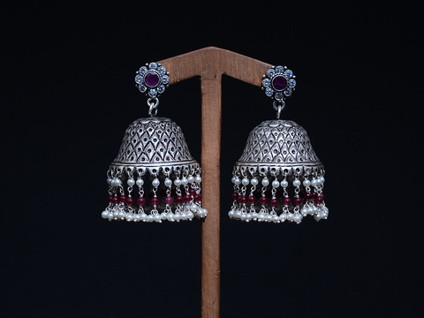 Pink And Crystal Kemp Stone With Beads Oxidised Silver Jhumkas
