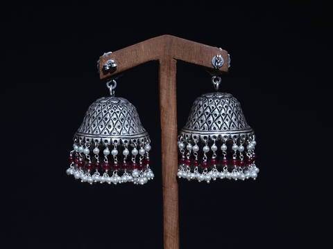 Pink And Crystal Kemp Stone With Beads Oxidised Silver Jhumkas