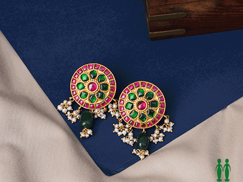 Green And Pink Kundan Stud Gold Plated Silver Earrings