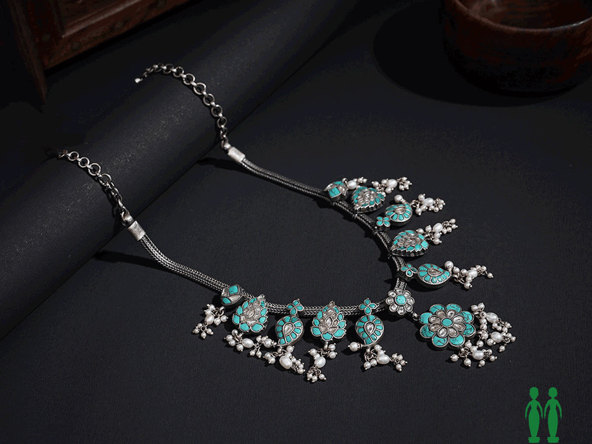 Turquoise Stone With Beads Oxidized Silver Necklace