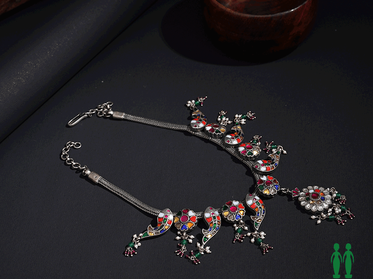 Colorful Floral And Fish Design Oxidized Silver Necklace