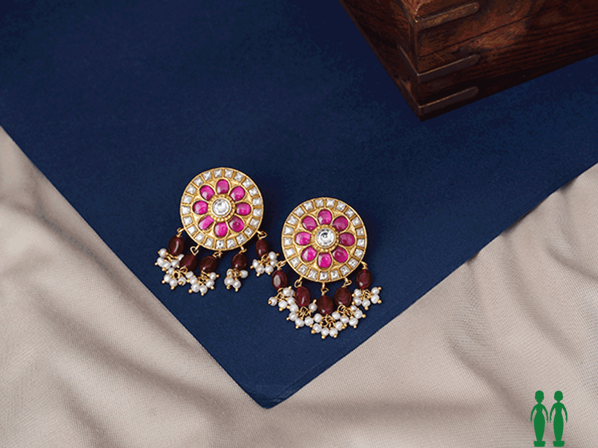 Gold Plated Silver Kundan Stone Stud With Beads Earrings