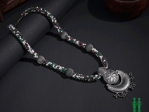 Chandbali Pendant Multicolor Beads Oxidized Silver Necklace