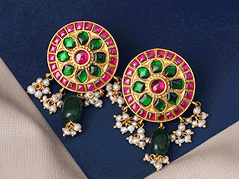 Green And Pink Kundan Stud Gold Plated Silver Earrings