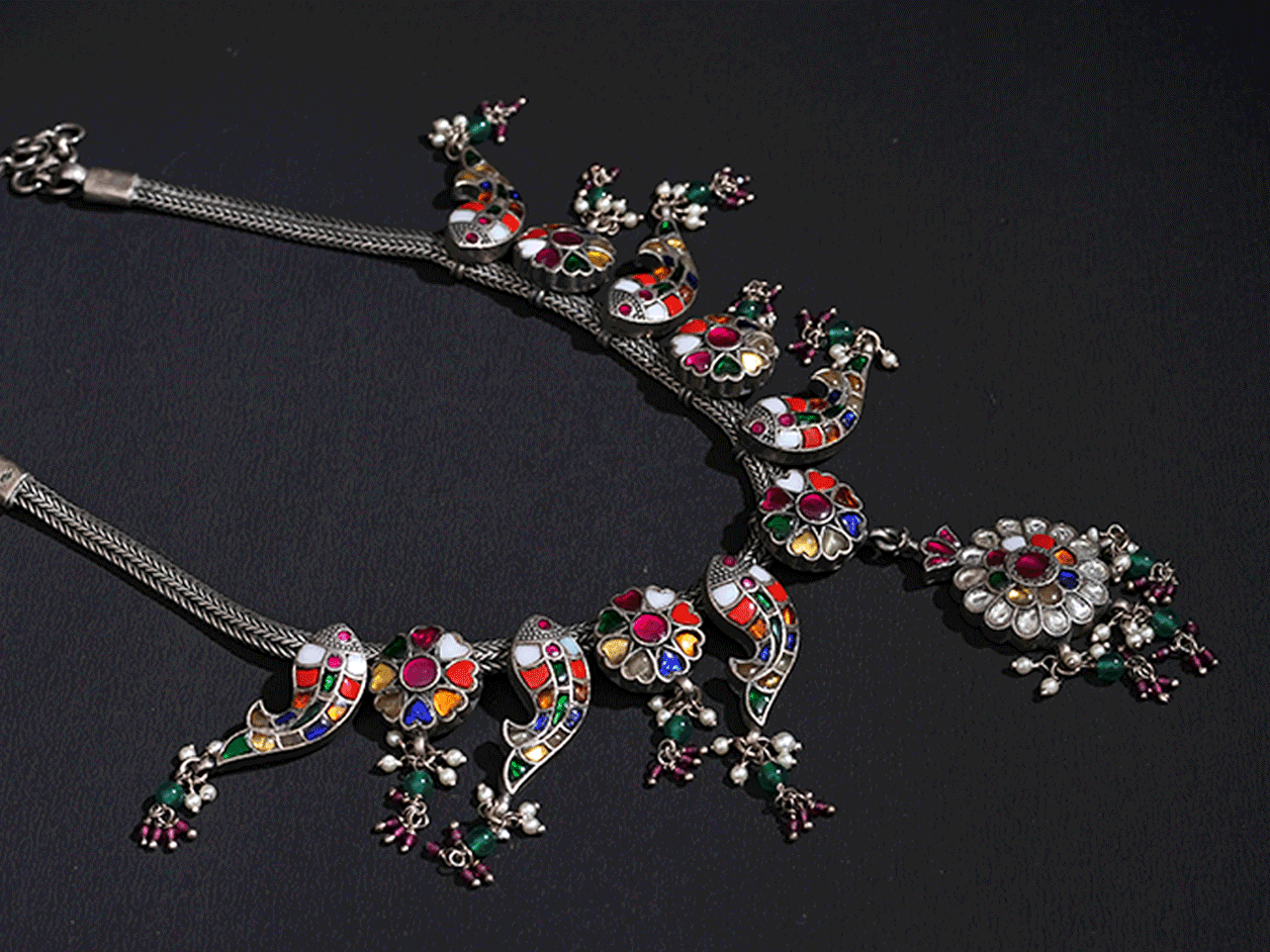Colorful Floral And Fish Design Oxidized Silver Necklace
