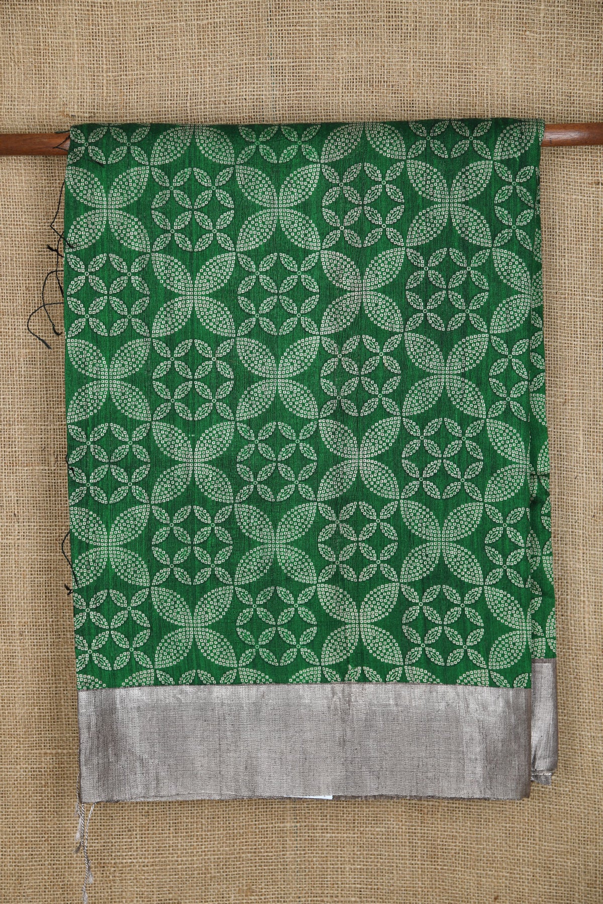 Silver Tissue Border Bandhani Digital Printed Green Linen Tussar Silk Saree