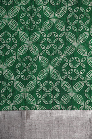 Silver Tissue Border Bandhani Digital Printed Green Linen Tussar Silk Saree