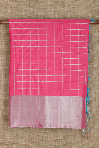 Silver Zari Bavanchi Border In Checks Pink Soft Silk Saree